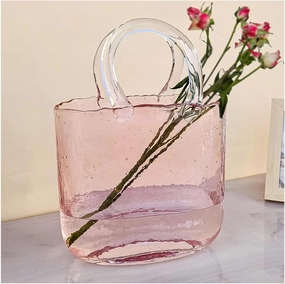 Handbag Vase, Vase with Handle Purse Vase with Fish Bowl Handbag Glass Vase, Decor Glass Vase for Photo/Birthday/Home Décor,Style1-Pink