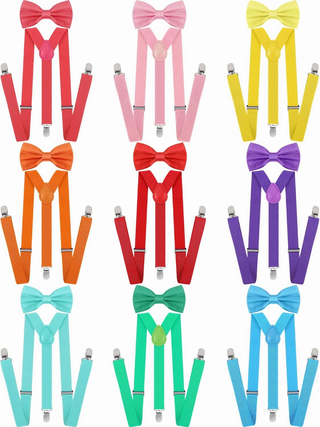 Handepo 9 Sets Solid Color Men's Suspender Bow Tie Set Elastic Bow Tie Adjustable Bow Tie and Suspender Sets(Fresh Colors)