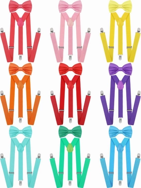Handepo 9 Sets Solid Color Men's Suspender Bow Tie Set Elastic Bow Tie Adjustable Bow Tie and Suspender Sets(Fresh Colors)