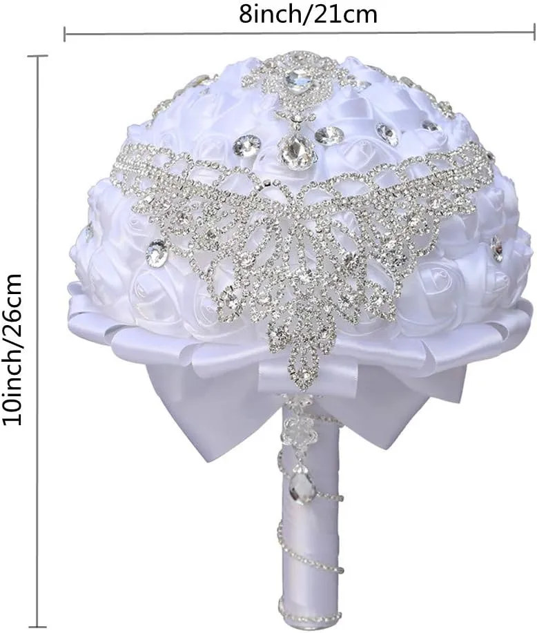 Handmade Luxury Wedding Bridal Bouquet Large Silk Rose Holding Toss Artificial Flowers Bouquets with Satin Ribbon Pearls Rhinestone for Bride Vintage Royal Wedding Bouquet (White)