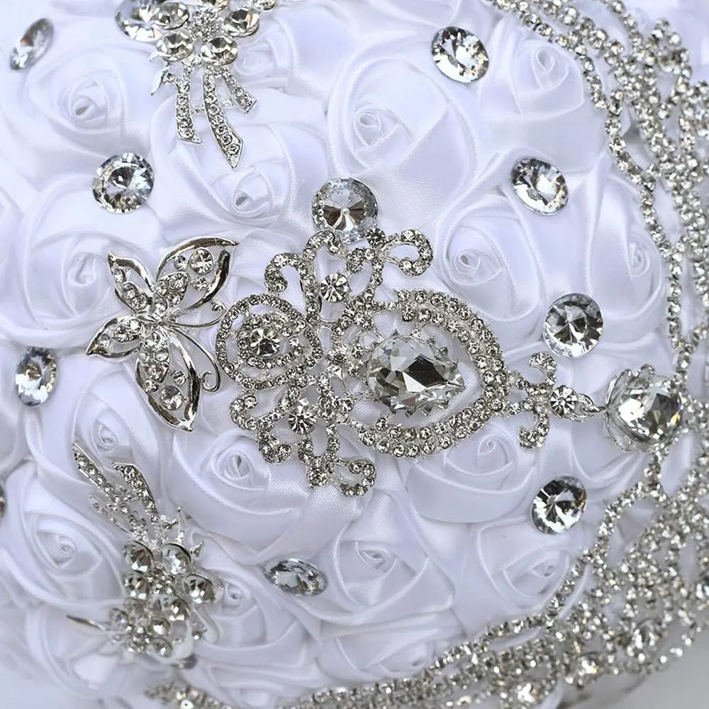 Handmade Luxury Wedding Bridal Bouquet Large Silk Rose Holding Toss Artificial Flowers Bouquets with Satin Ribbon Pearls Rhinestone for Bride Vintage Royal Wedding Bouquet (White)