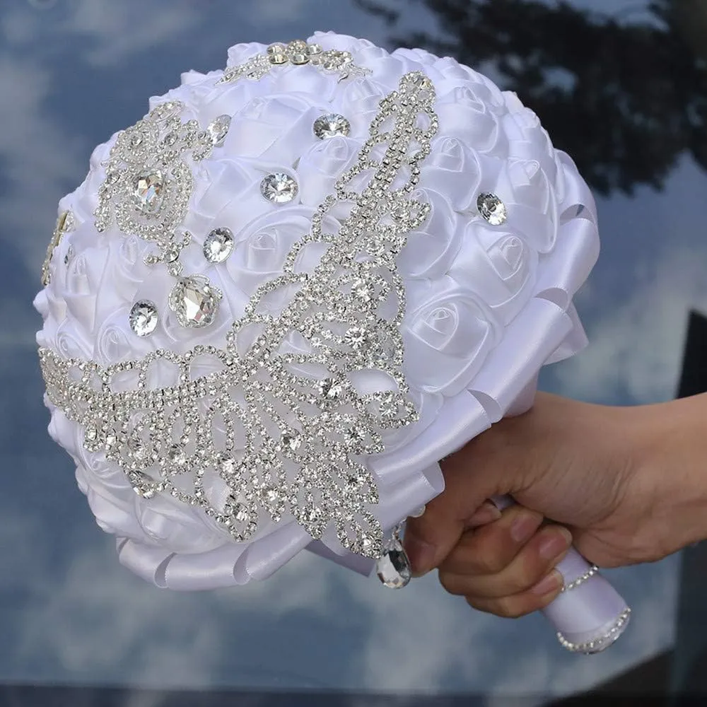 Handmade Luxury Wedding Bridal Bouquet Large Silk Rose Holding Toss Artificial Flowers Bouquets with Satin Ribbon Pearls Rhinestone for Bride Vintage Royal Wedding Bouquet (White)