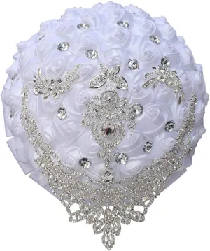 Handmade Luxury Wedding Bridal Bouquet Large Silk Rose Holding Toss Artificial Flowers Bouquets with Satin Ribbon Pearls Rhinestone for Bride Vintage Royal Wedding Bouquet (White)