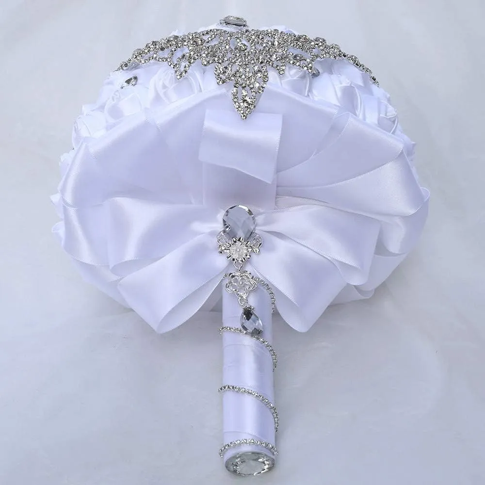 Handmade Luxury Wedding Bridal Bouquet Large Silk Rose Holding Toss Artificial Flowers Bouquets with Satin Ribbon Pearls Rhinestone for Bride Vintage Royal Wedding Bouquet (White)