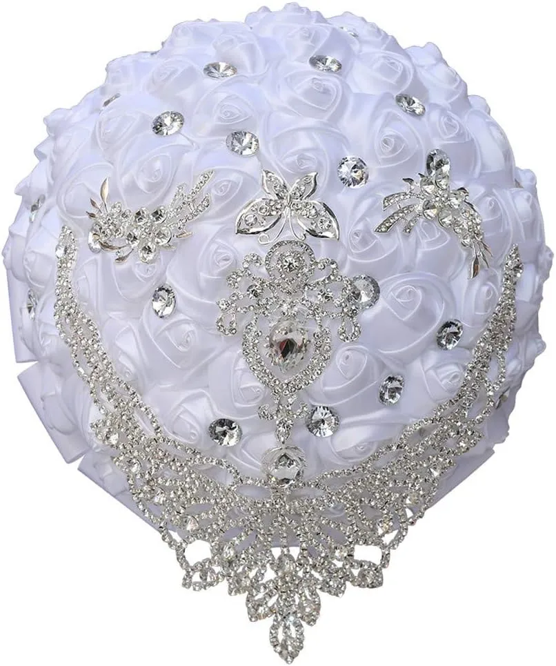 Handmade Luxury Wedding Bridal Bouquet Large Silk Rose Holding Toss Artificial Flowers Bouquets with Satin Ribbon Pearls Rhinestone for Bride Vintage Royal Wedding Bouquet (White)
