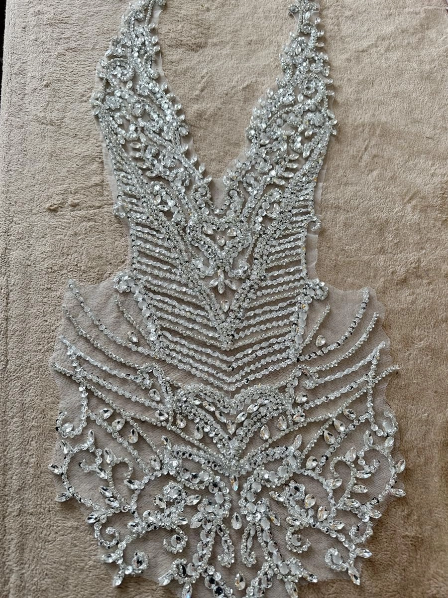 Handmade Rhinestones Bodice Applique sew on Beads Trim Patches Trim Accessories for Wedding Dress Shiny Decorative lace Patch (Silver)