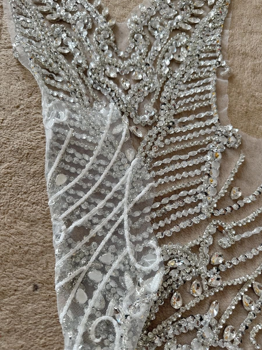 Handmade Rhinestones Bodice Applique sew on Beads Trim Patches Trim Accessories for Wedding Dress Shiny Decorative lace Patch (Silver)