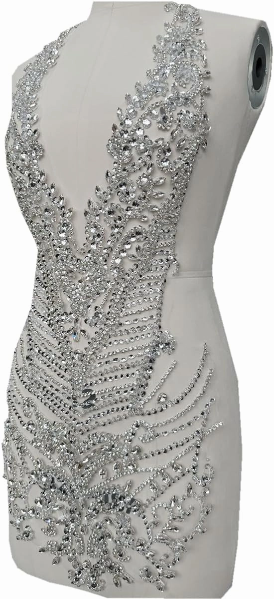 Handmade Rhinestones Bodice Applique sew on Beads Trim Patches Trim Accessories for Wedding Dress Shiny Decorative lace Patch (Silver)