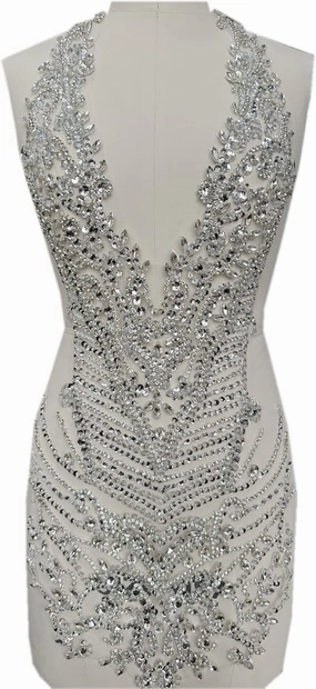Handmade Rhinestones Bodice Applique sew on Beads Trim Patches Trim Accessories for Wedding Dress Shiny Decorative lace Patch (Silver)
