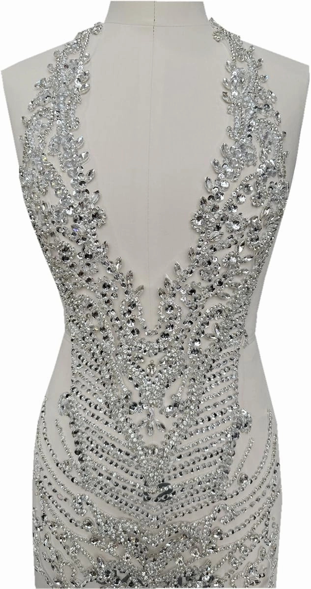 Handmade Rhinestones Bodice Applique sew on Beads Trim Patches Trim Accessories for Wedding Dress Shiny Decorative lace Patch (Silver)