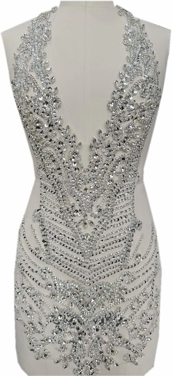 Handmade Rhinestones Bodice Applique sew on Beads Trim Patches Trim Accessories for Wedding Dress Shiny Decorative lace Patch (Silver)