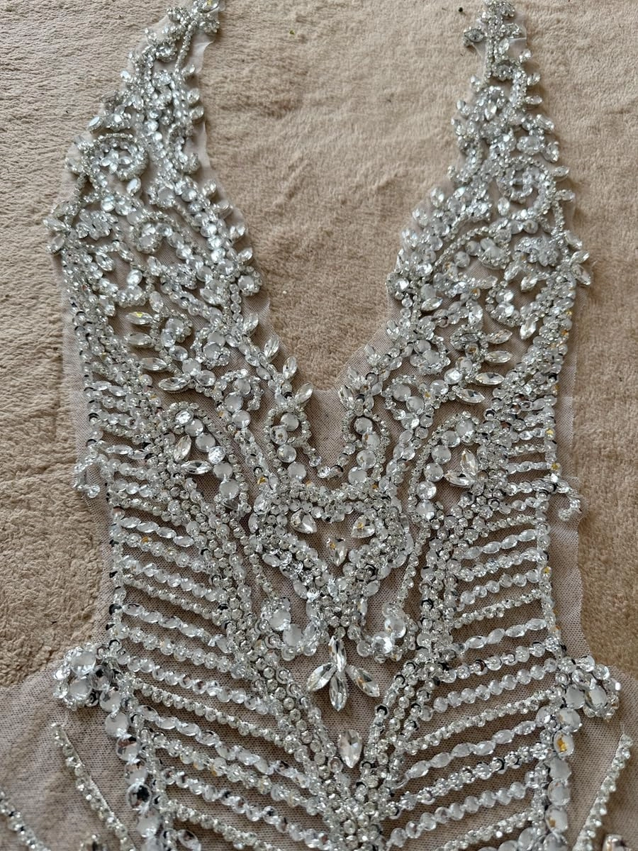 Handmade Rhinestones Bodice Applique sew on Beads Trim Patches Trim Accessories for Wedding Dress Shiny Decorative lace Patch (Silver)