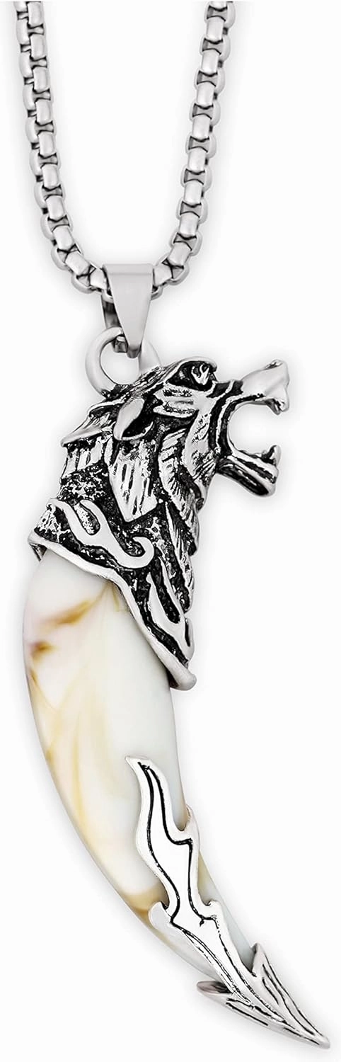HAQUIL Silver Wolf Tooth Necklace - Men's Animal Fang Pendant With Retro Head Spear Chain for Ceremony Gift Jewelry