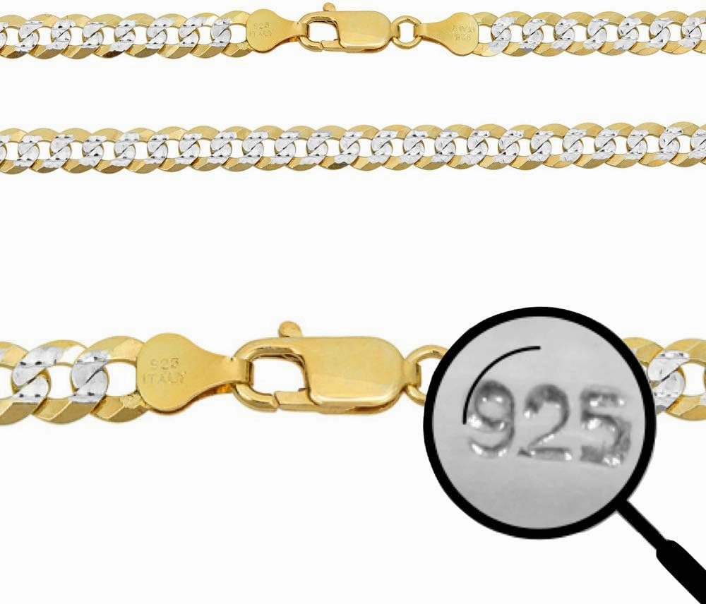 HarlemBling Men's Flat Cuban Chain Or Bracelet - 6mm - 14k Gold Over Solid 925 Sterling Silver - Made In Italy - Two Tone Diamond Cut