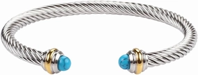 Harlorki Adjustable Shiny Silver Personalized Twisted Stainless Steel Turquoise Charm Open Bangle Cuff Bracelet for Men Women Fashion Jewelry