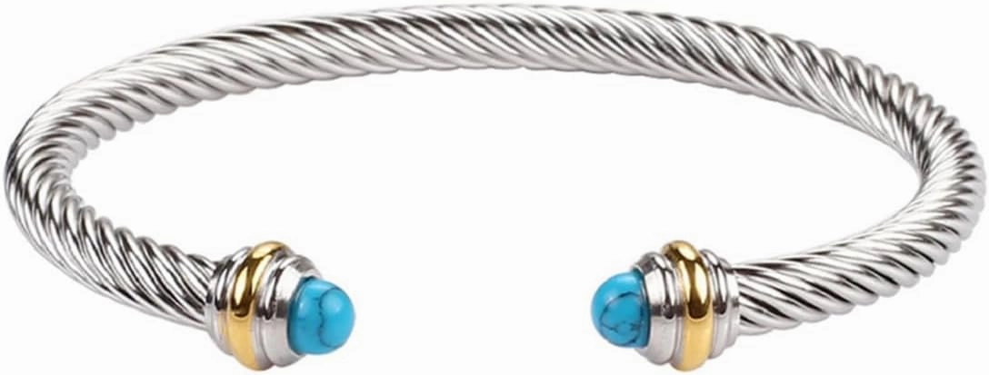 Harlorki Adjustable Shiny Silver Personalized Twisted Stainless Steel Turquoise Charm Open Bangle Cuff Bracelet for Men Women Fashion Jewelry