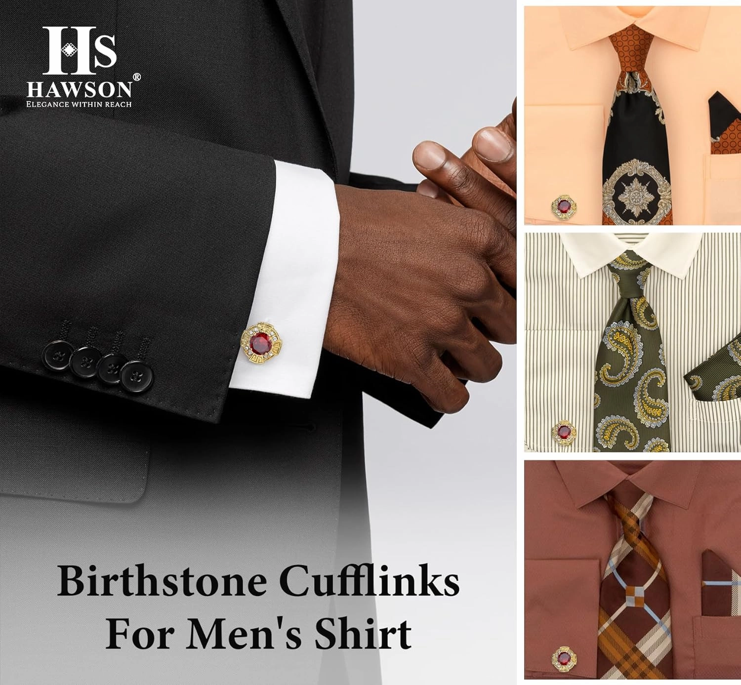 HAWSON Birthstone Cufflinks for Men with Gift Box, Gold Tone Cuff Links for Men's Dress Shirts and French Cuff Shirts on Wedding Birthday Party Anniversary