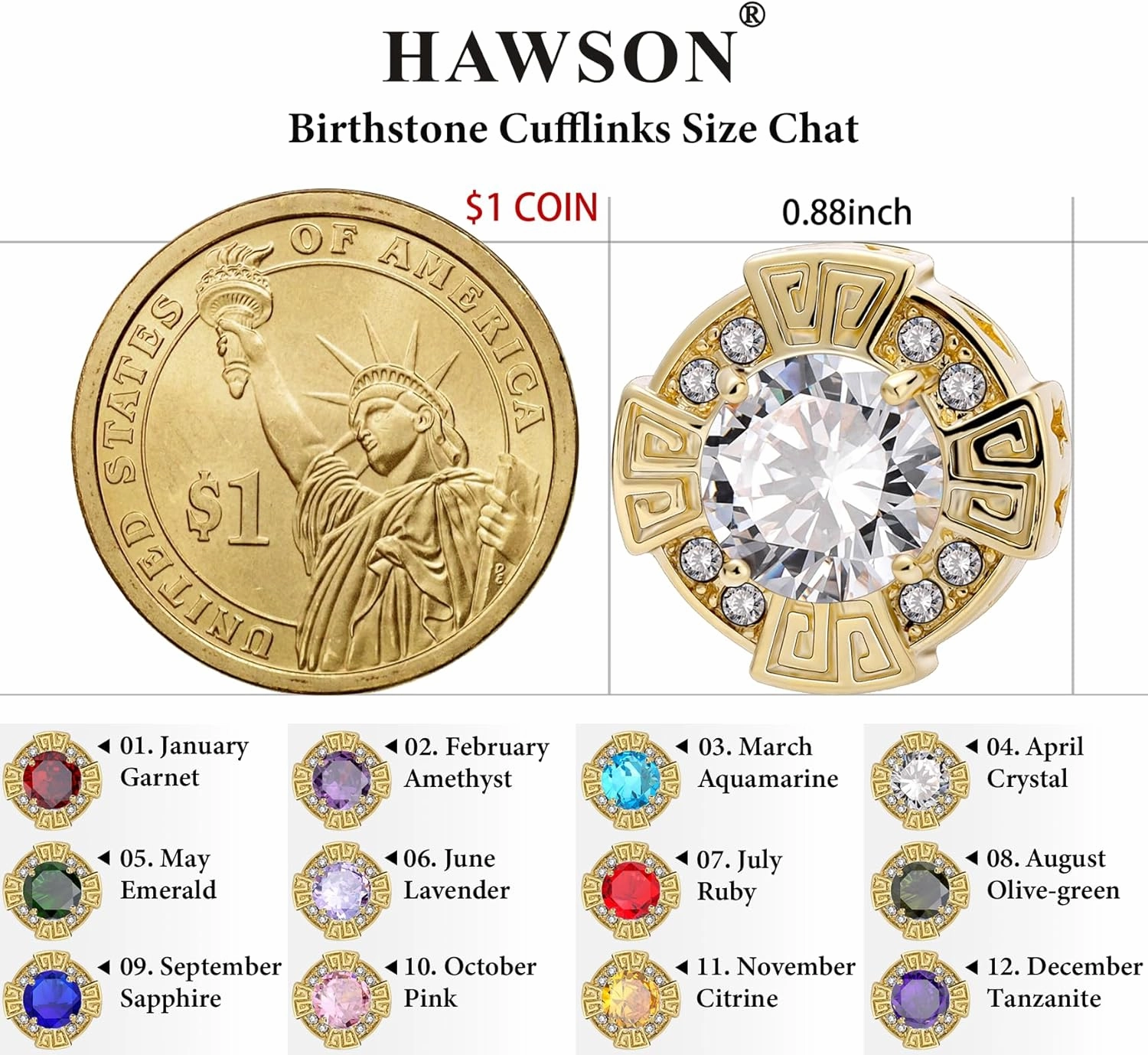 HAWSON Birthstone Cufflinks for Men with Gift Box, Gold Tone Cuff Links for Men's Dress Shirts and French Cuff Shirts on Wedding Birthday Party Anniversary