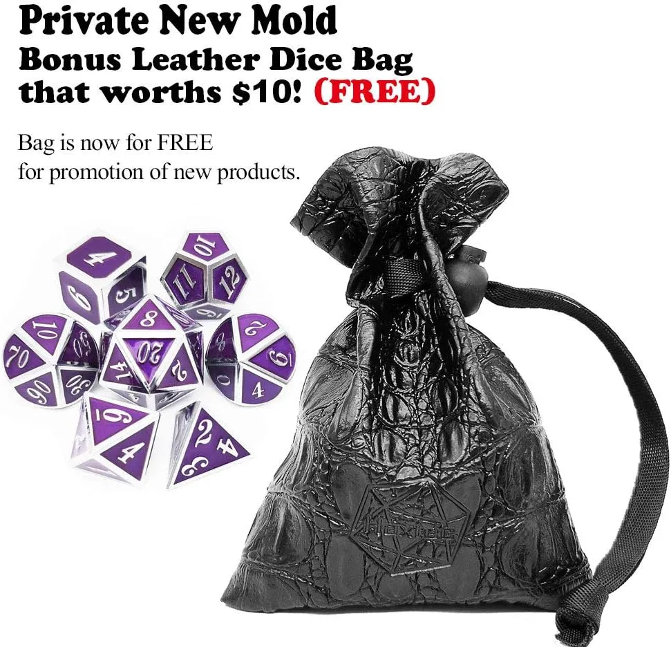 Haxtec Metal DND Dice Purple Silver with PU Leather Dice Bag D&D Dice Set for RPG Dungeons and Dragons Gifts TTRPGs-Silver Royal Purple