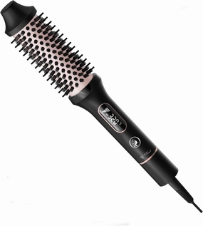 Heated Round Brush for Hair Straightener, Curler, and Volumizer, 1.5 inch Curling Styler, Negative Ion Thermal Brush, with 6 Temp Settings, Fast Heating, Dual Voltage for Travel, Pink
