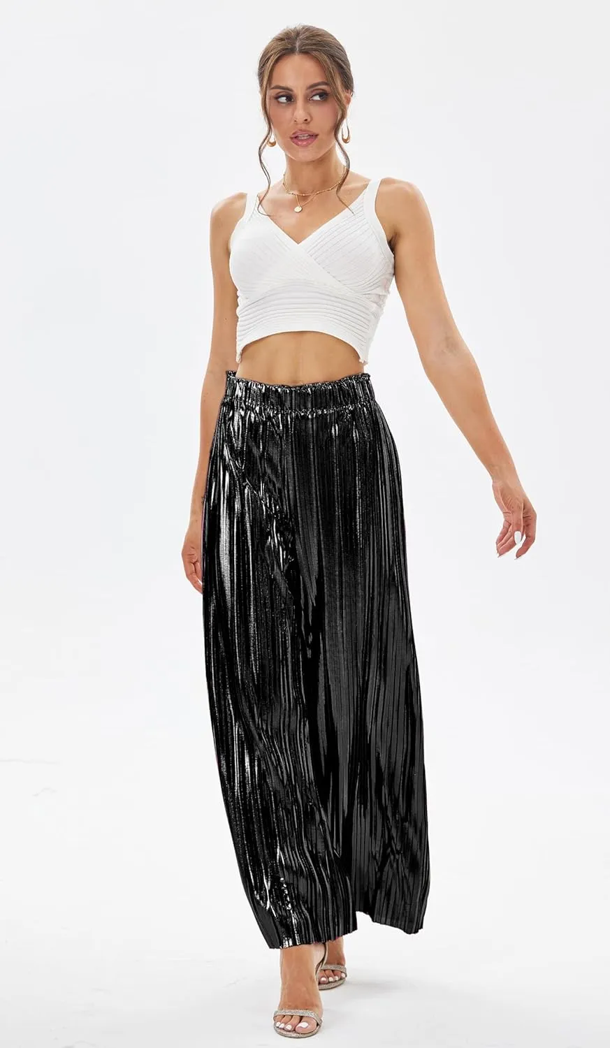 heipeiwa Women's Shiny Pleated Wide Leg Pants Party Nightout High Waist Trouser Folded Lightweight Outfit Clubwear