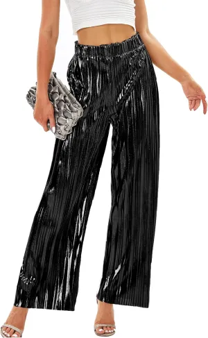 heipeiwa Women's Shiny Pleated Wide Leg Pants Party Nightout High Waist Trouser Folded Lightweight Outfit Clubwear