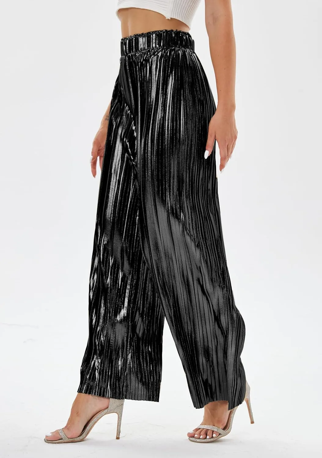 heipeiwa Women's Shiny Pleated Wide Leg Pants Party Nightout High Waist Trouser Folded Lightweight Outfit Clubwear