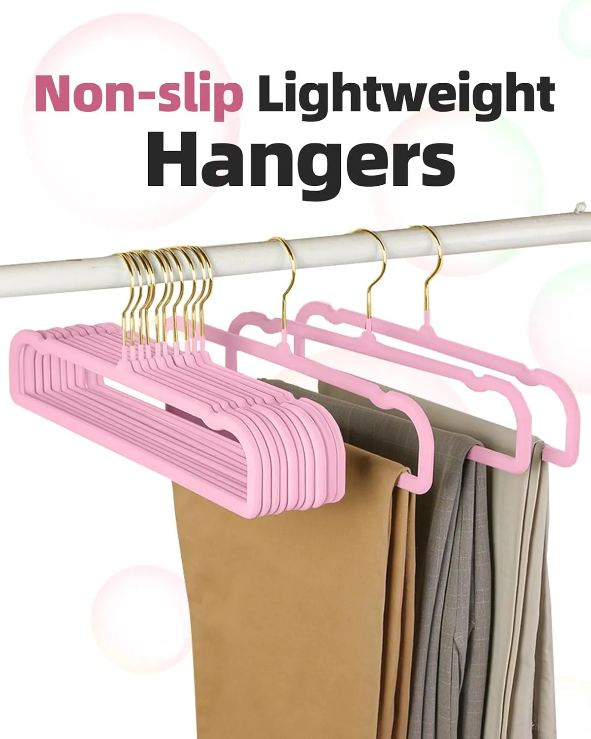 HGYZE Velvet Pants Hangers 20 Pack, 360° Swivel Gold Hook, Non Slip Felt Hanger for Spaghetti Strap Dresses Slack Jean, Short Neck Pant Bar for Closet, Cute Flocked Trouser for Adult Teen