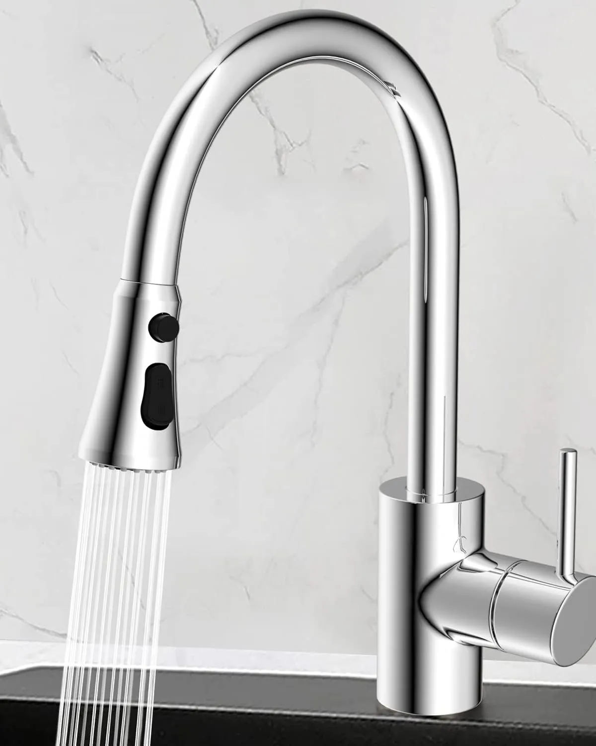 Hibbent Pull Down Kitchen Faucet Head Replacement, 3-Function Kitchen Sink Spray Nozzle with 15 Adapters, Compatible with Moen, American Standard, Delta, Kohler Faucets, Chrome (Shiny Silver)