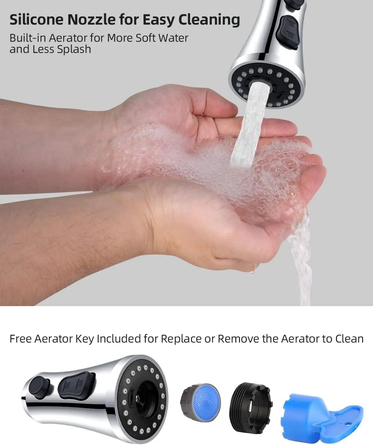 Hibbent Pull Down Kitchen Faucet Head Replacement, 3-Function Kitchen Sink Spray Nozzle with 15 Adapters, Compatible with Moen, American Standard, Delta, Kohler Faucets, Chrome (Shiny Silver)
