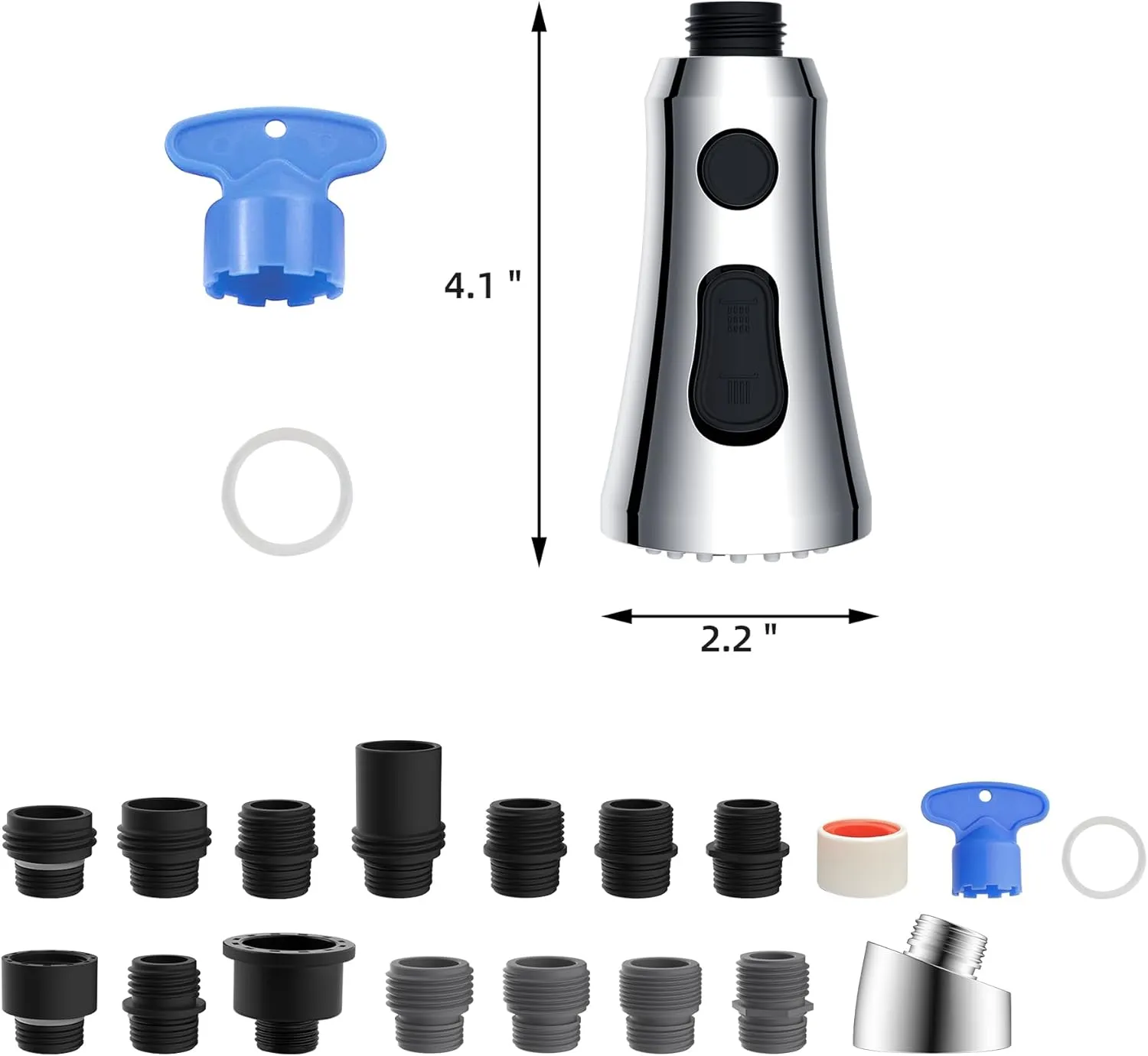 Hibbent Pull Down Kitchen Faucet Head Replacement, 3-Function Kitchen Sink Spray Nozzle with 15 Adapters, Compatible with Moen, American Standard, Delta, Kohler Faucets, Chrome (Shiny Silver)