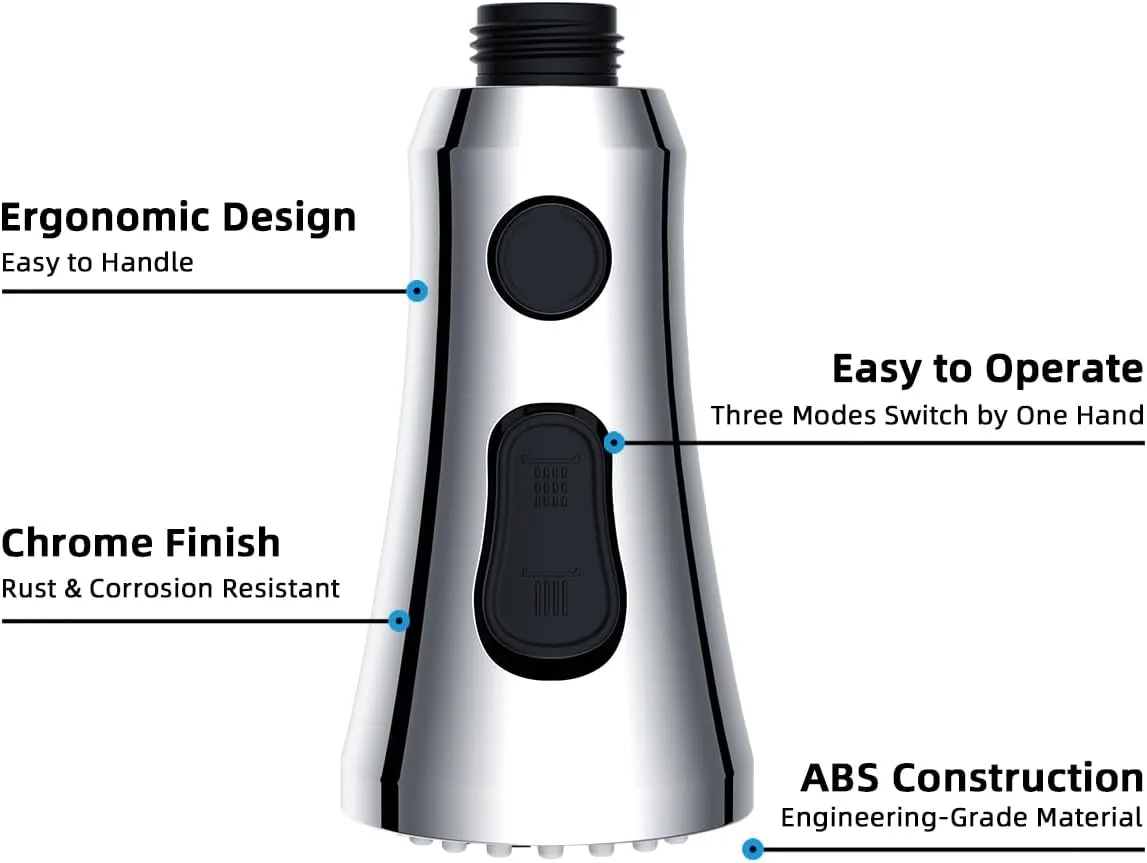 Hibbent Pull Down Kitchen Faucet Head Replacement, 3-Function Kitchen Sink Spray Nozzle with 15 Adapters, Compatible with Moen, American Standard, Delta, Kohler Faucets, Chrome (Shiny Silver)