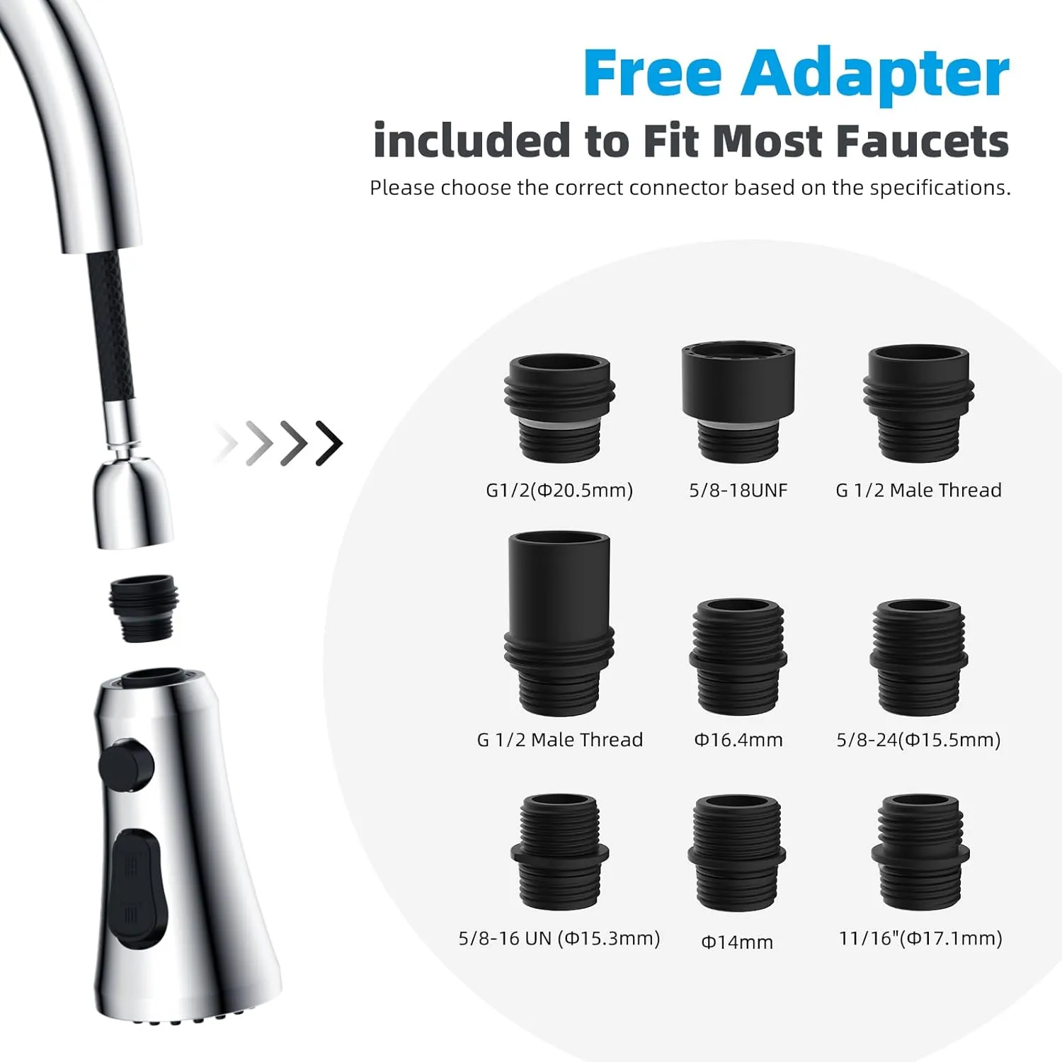 Hibbent Pull Down Kitchen Faucet Head Replacement, 3-Function Kitchen Sink Spray Nozzle with 15 Adapters, Compatible with Moen, American Standard, Delta, Kohler Faucets, Chrome (Shiny Silver)