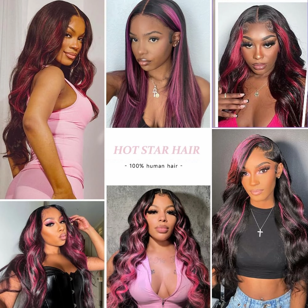 Highlight Pink Wig Ombre Lace Front Wig Human Hair Skunk Stripe Human Hair Wigs 13x6 Hd Lace Frontal Body Wave Pink and Black Colored Wigs Human Hair 210% Density 14 Inch