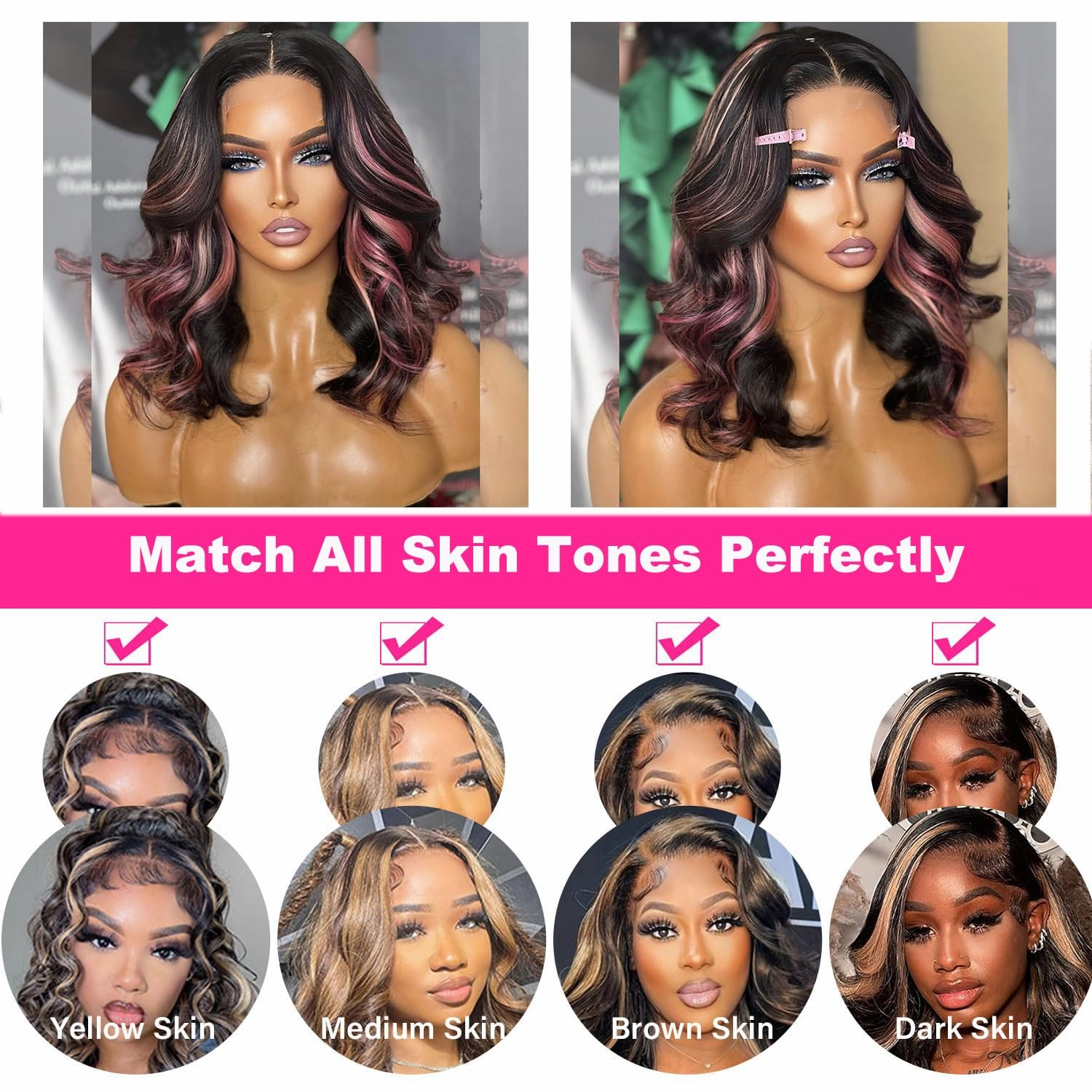 Highlight Pink Wig Ombre Lace Front Wig Human Hair Skunk Stripe Human Hair Wigs 13x6 Hd Lace Frontal Body Wave Pink and Black Colored Wigs Human Hair 210% Density 14 Inch