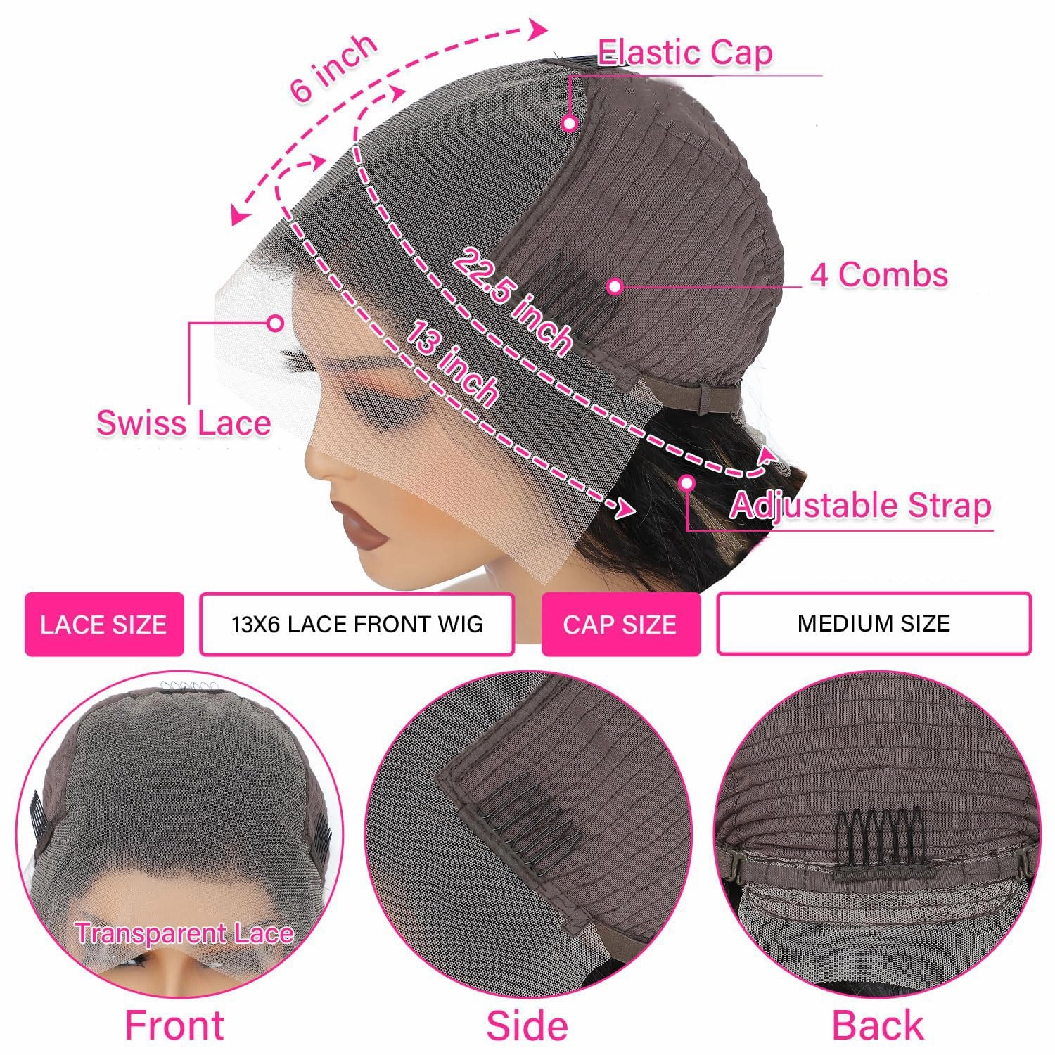 Highlight Pink Wig Ombre Lace Front Wig Human Hair Skunk Stripe Human Hair Wigs 13x6 Hd Lace Frontal Body Wave Pink and Black Colored Wigs Human Hair 210% Density 14 Inch