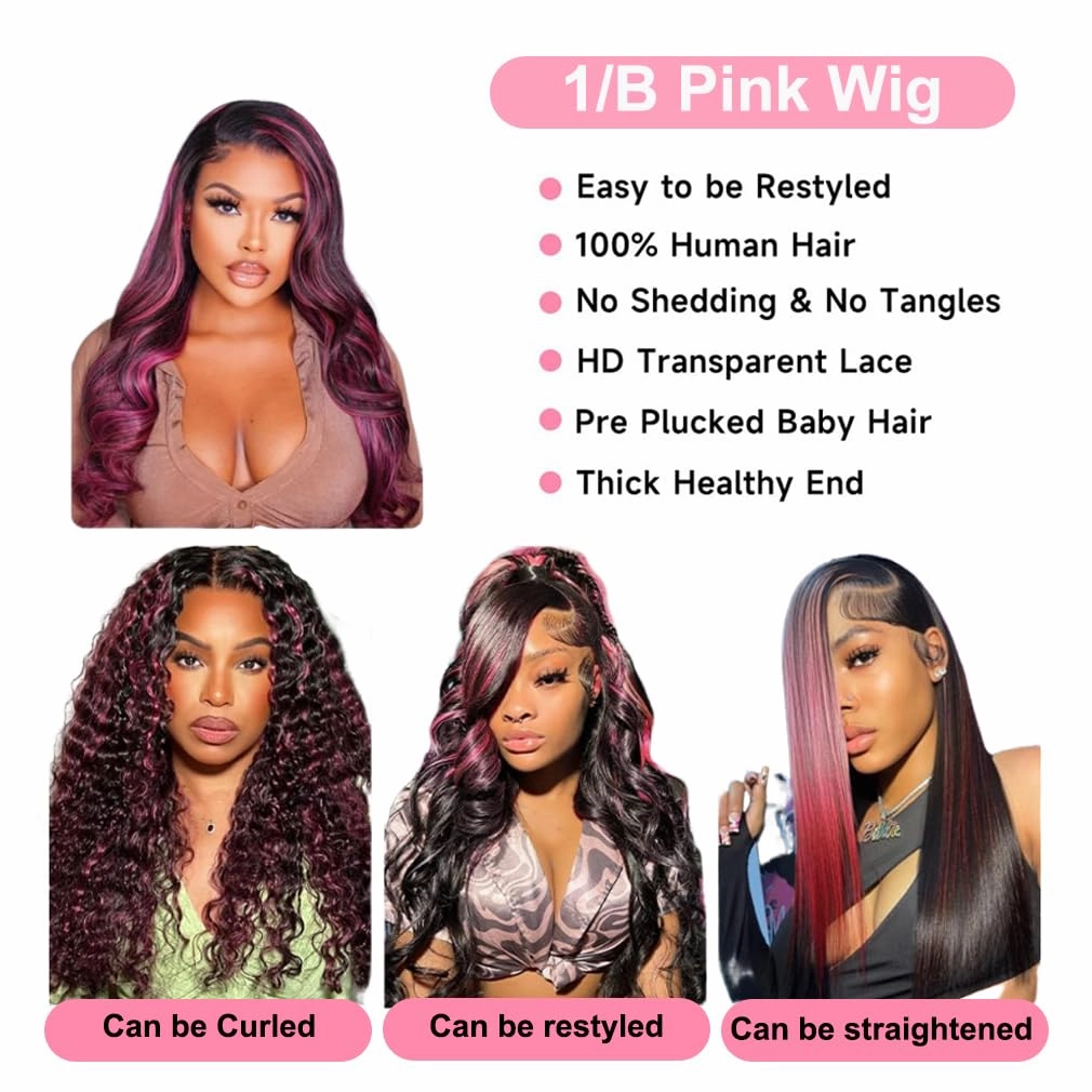 Highlight Pink Wig Ombre Lace Front Wig Human Hair Skunk Stripe Human Hair Wigs 13x6 Hd Lace Frontal Body Wave Pink and Black Colored Wigs Human Hair 210% Density 14 Inch