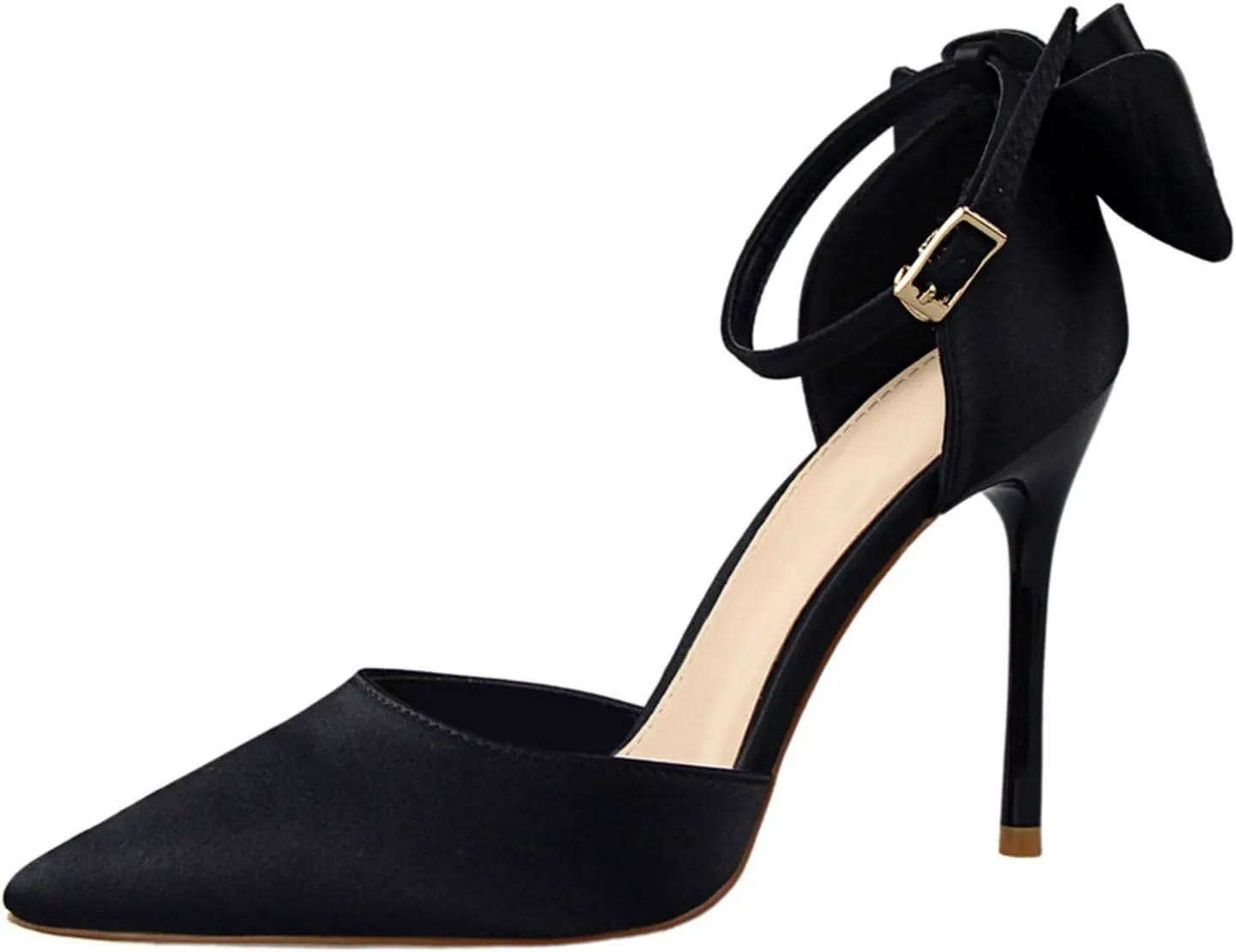 HIPPOSEUS Womens Satin Pointed Toe Pumps Shoes Bow Ankle Strap Stiletto Evening Party Shoes