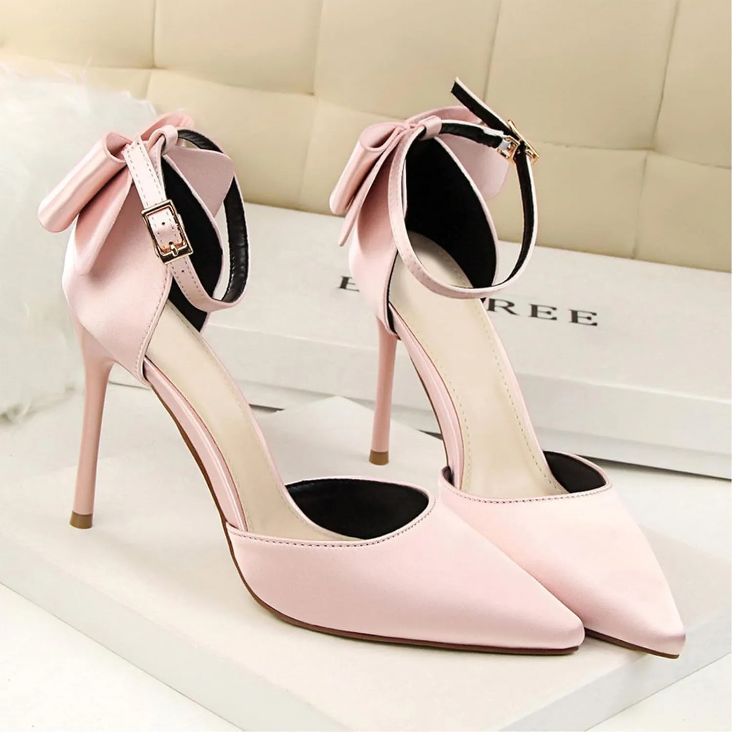 HIPPOSEUS Womens Satin Pointed Toe Pumps Shoes Bow Ankle Strap Stiletto Evening Party Shoes