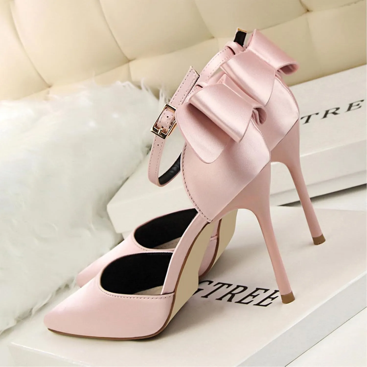 HIPPOSEUS Womens Satin Pointed Toe Pumps Shoes Bow Ankle Strap Stiletto Evening Party Shoes