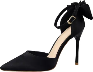 HIPPOSEUS Womens Satin Pointed Toe Pumps Shoes Bow Ankle Strap Stiletto Evening Party Shoes