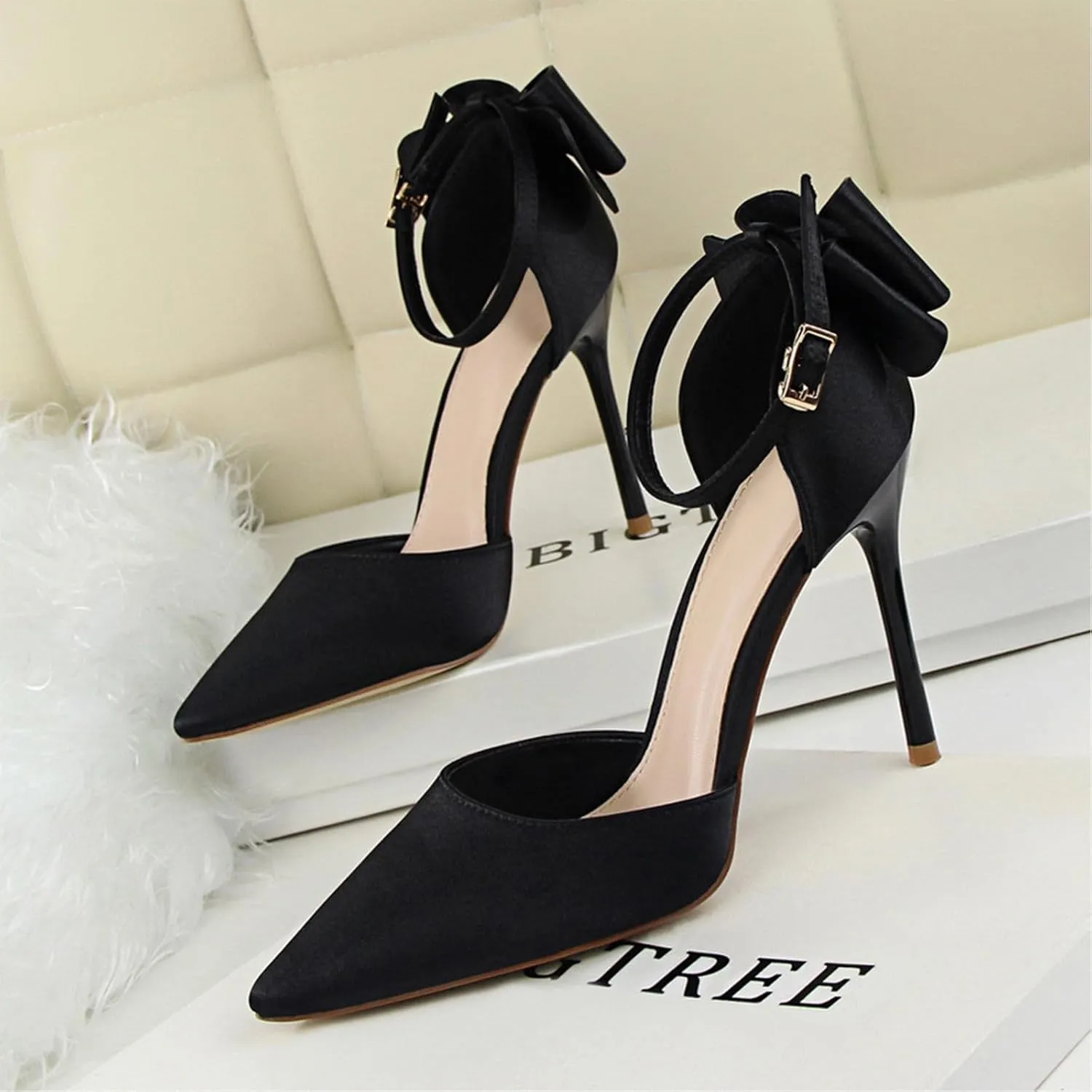 HIPPOSEUS Womens Satin Pointed Toe Pumps Shoes Bow Ankle Strap Stiletto Evening Party Shoes