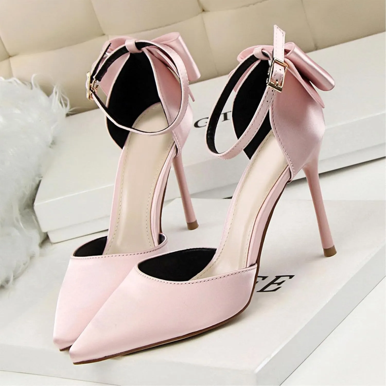 HIPPOSEUS Womens Satin Pointed Toe Pumps Shoes Bow Ankle Strap Stiletto Evening Party Shoes