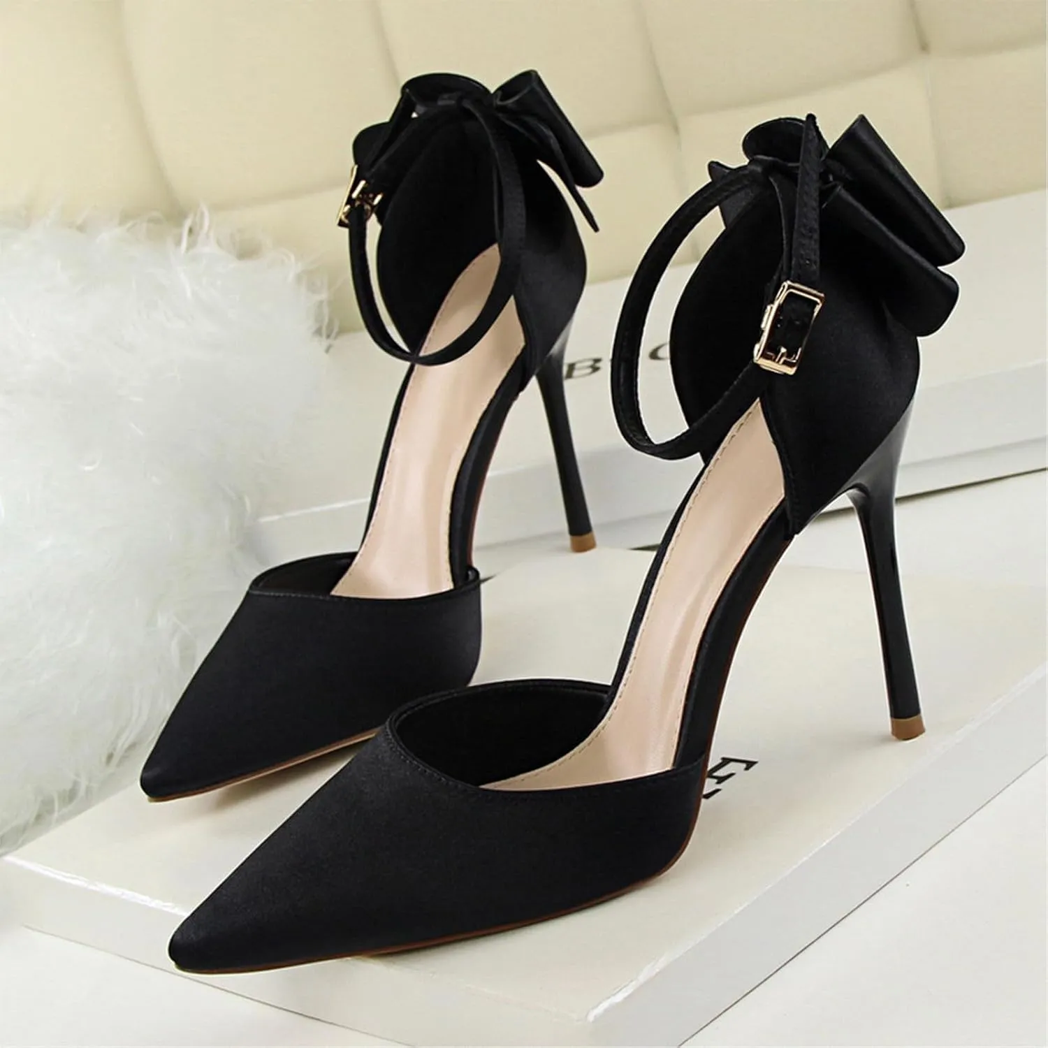 HIPPOSEUS Womens Satin Pointed Toe Pumps Shoes Bow Ankle Strap Stiletto Evening Party Shoes