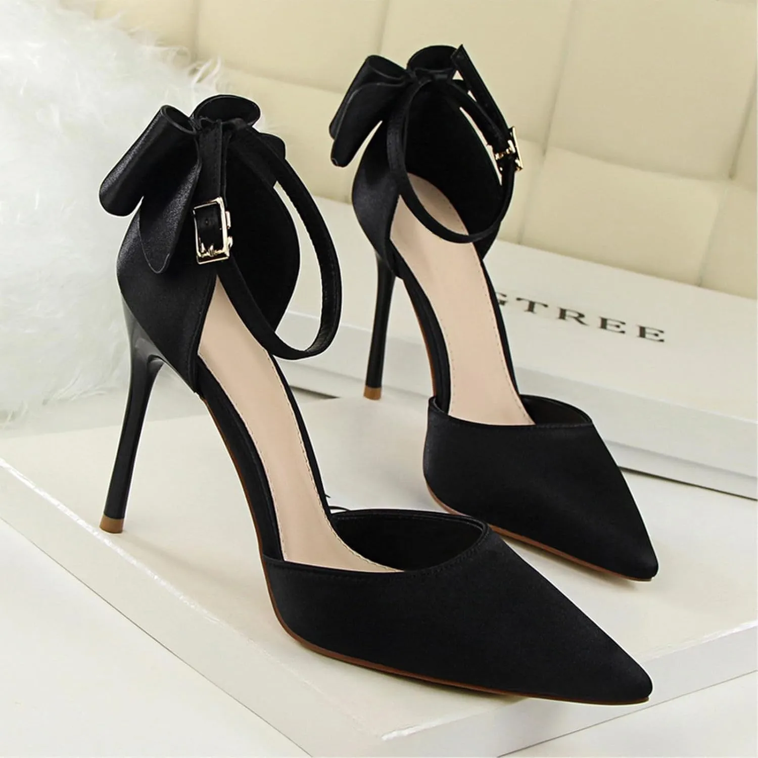 HIPPOSEUS Womens Satin Pointed Toe Pumps Shoes Bow Ankle Strap Stiletto Evening Party Shoes