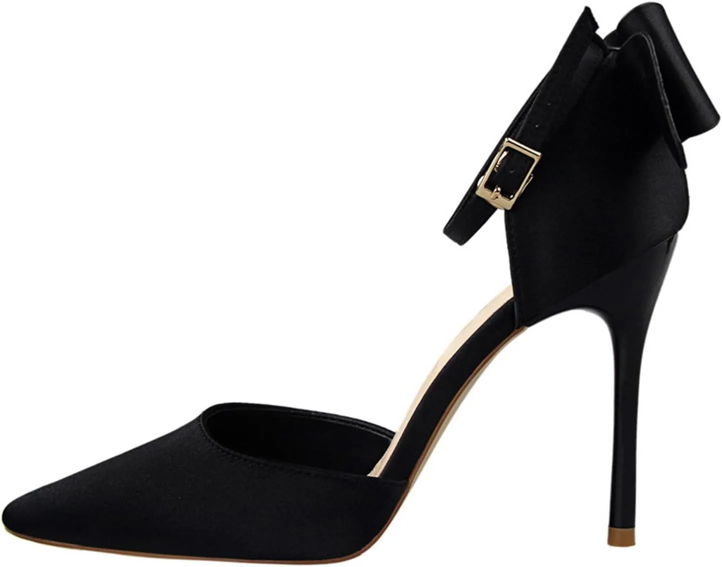 HIPPOSEUS Womens Satin Pointed Toe Pumps Shoes Bow Ankle Strap Stiletto Evening Party Shoes
