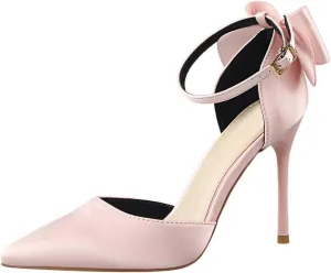HIPPOSEUS Womens Satin Pointed Toe Pumps Shoes Bow Ankle Strap Stiletto Evening Party Shoes