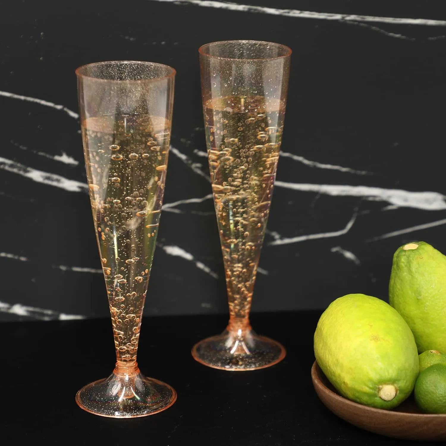 Homy Feel 30 Pack Rose Gold Glitter Plastic Rose Gold Wine Glasses,5OZ Champagne Flutes Disposable for Party,Plastic Champagne Flutes,Mimosa Bar Glasse for Valentine's day Galentines day Supplies