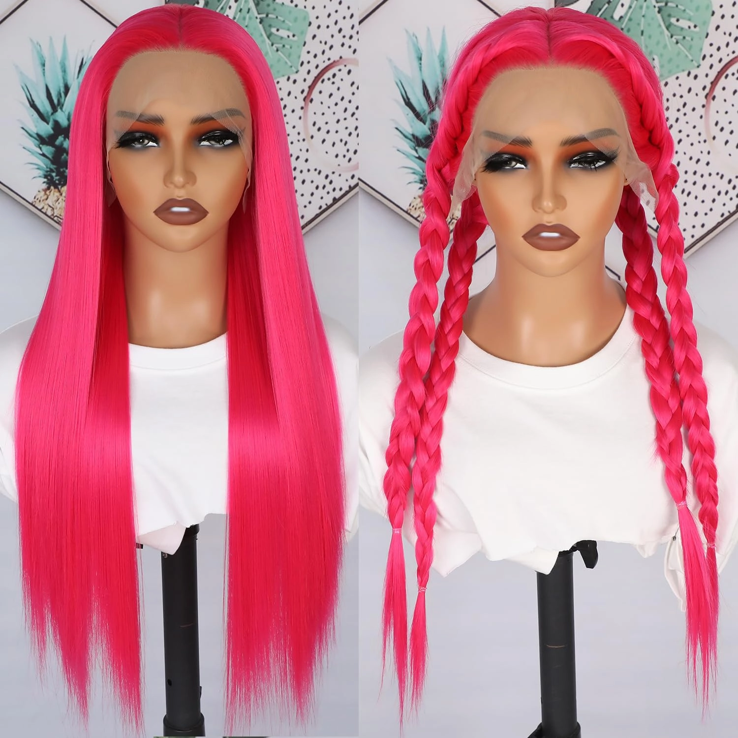 Hot Pink Lace Front Wigs Wear and Go Glueless Wig Pre Plucked Long Straight Hair Wig Magenta Pink Wigs Ready to Wear Wigs Heat Resistant Synthetic Lace Front Wigs for Women