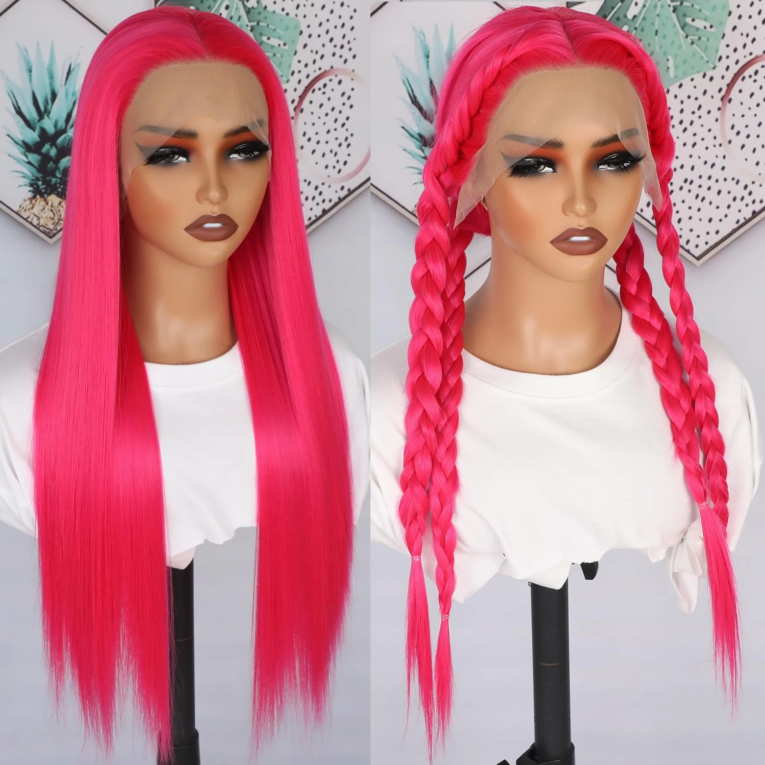 Hot Pink Lace Front Wigs Wear and Go Glueless Wig Pre Plucked Long Straight Hair Wig Magenta Pink Wigs Ready to Wear Wigs Heat Resistant Synthetic Lace Front Wigs for Women